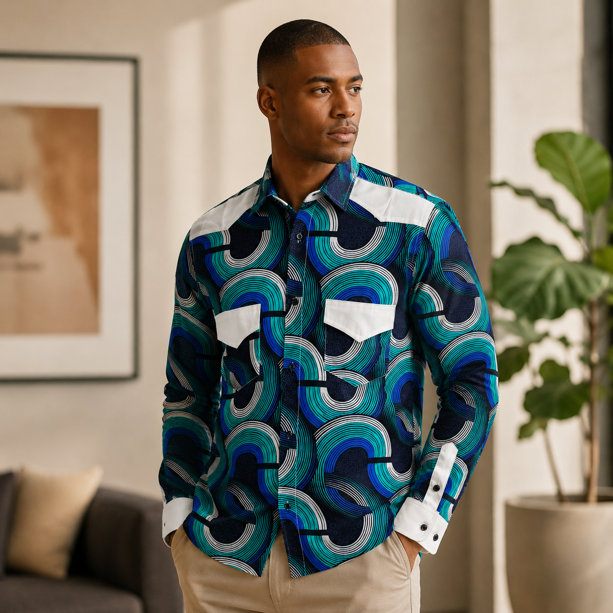 Men's long-sleeve dress shirt-Waves L 1 Men's long-sleeve dress shirt-Waves L